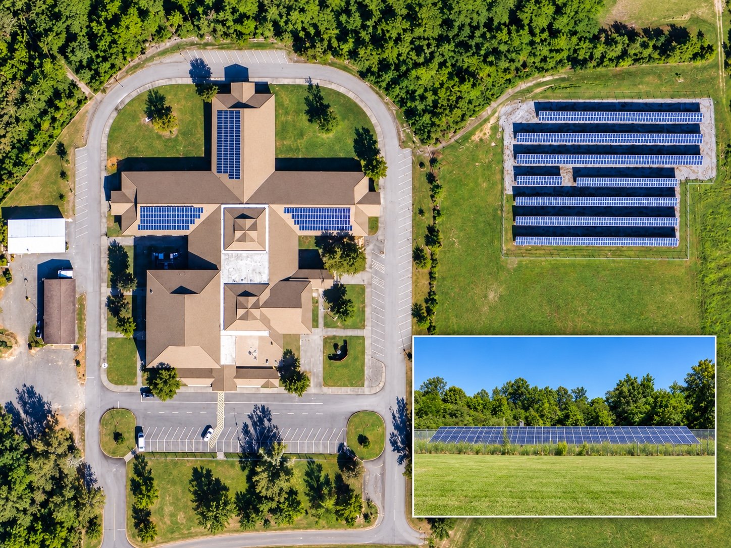 Harrisburg School District solar project · Aerial and ground views